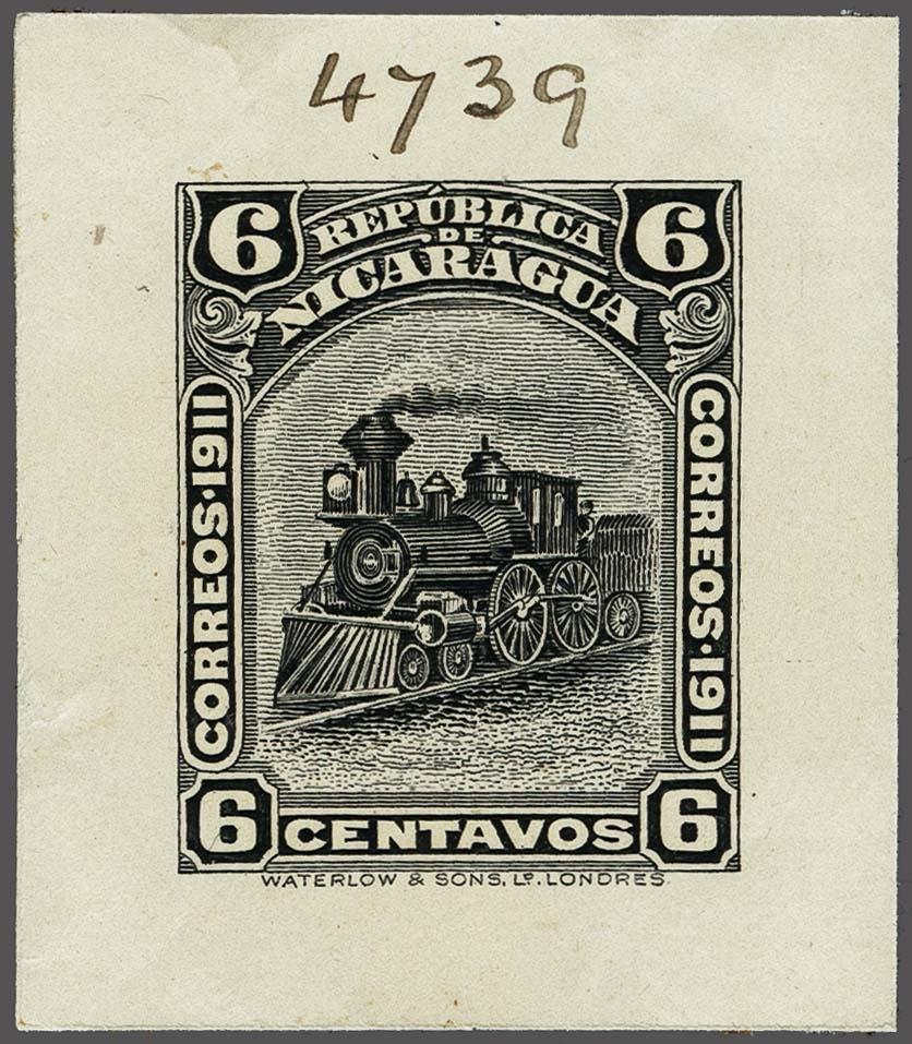 Nicaragua Waterlow 1912 Locomotive stamp Die Proof (in Black) of the 6c value
